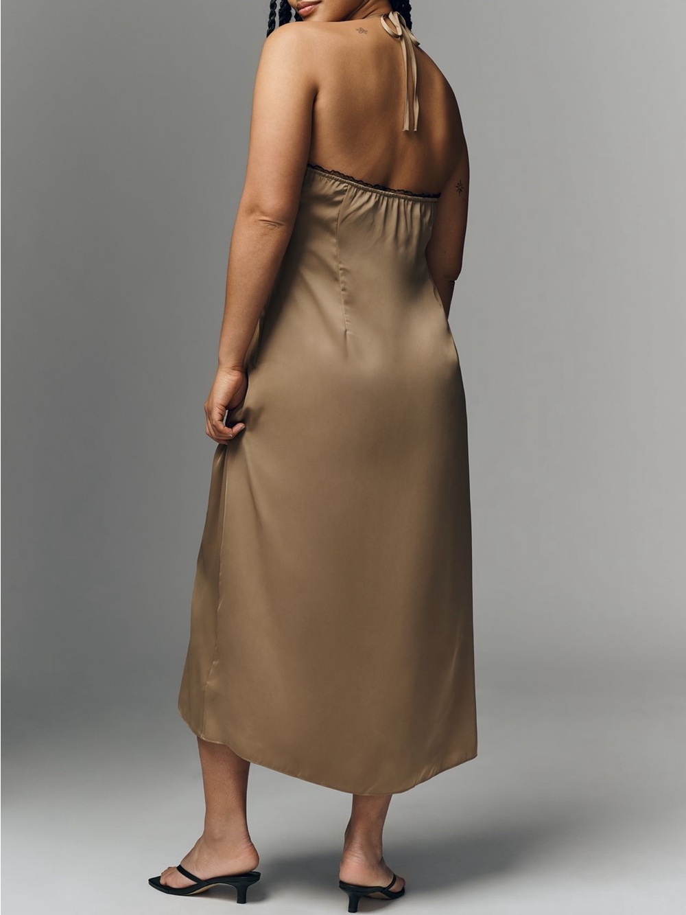Anthropologie Gorgeous Lace Halter Midi Taupe Satin Slip w Black Lace Trim Dress - Picture 7 of 11
